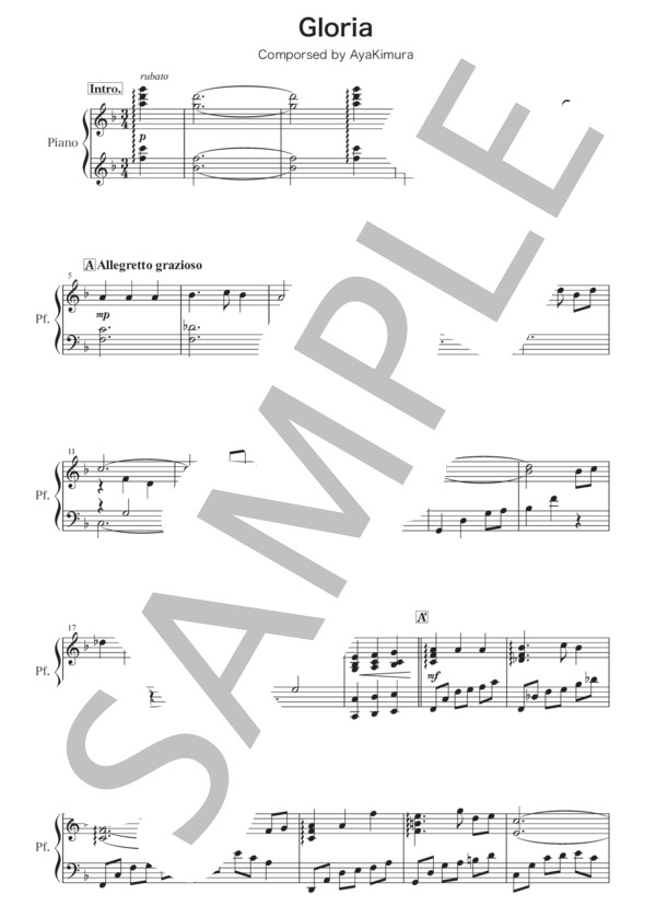 Gloria (木村 綾) / ピアノソロ 中級 - サンプル譜面 1/2