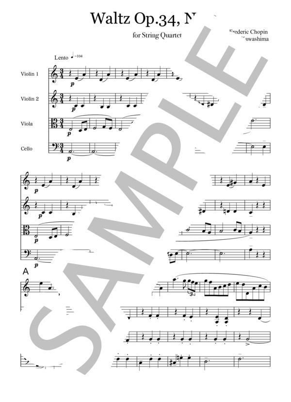 Waltz Op.34, No.2 for String Quartet (フレデリック・ショパン) / 弦楽四重奏 中級 - サンプル譜面 1/5