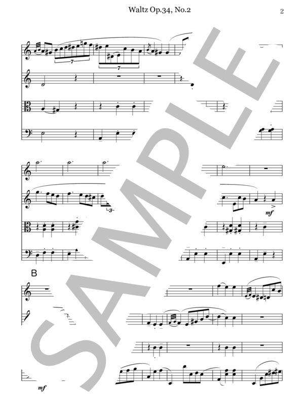 Waltz Op.34, No.2 for String Quartet (フレデリック・ショパン) / 弦楽四重奏 中級 - サンプル譜面 2/5