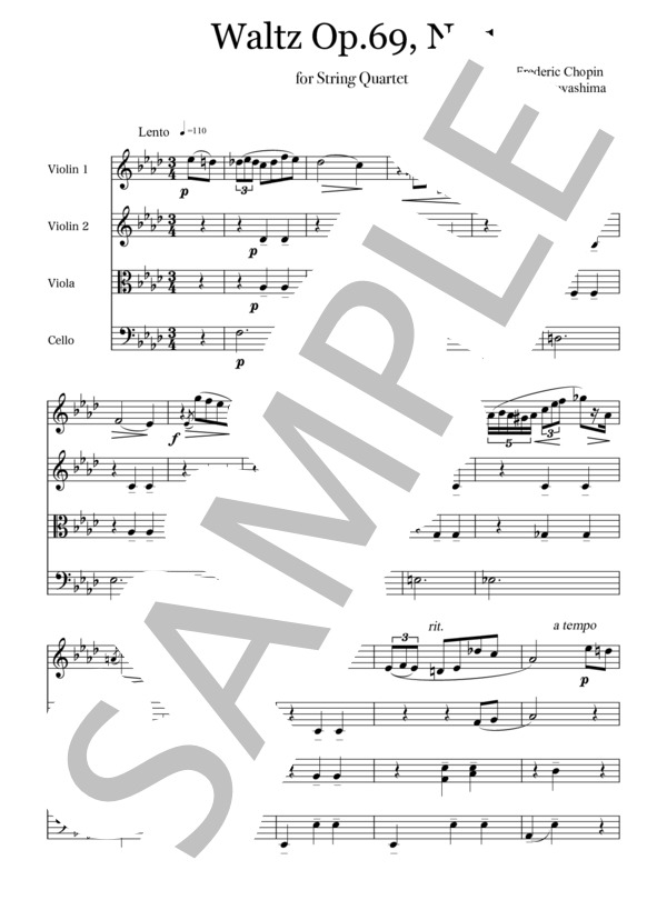 Waltz Op.69, No.1 for String Quartet (フレデリック・ショパン) / 弦楽四重奏 中級 - サンプル譜面 1/5