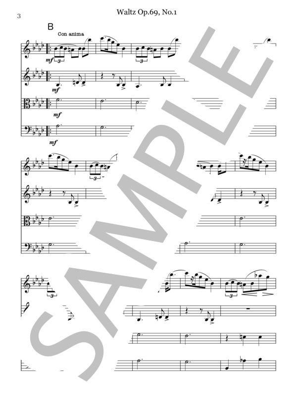 Waltz Op.69, No.1 for String Quartet (フレデリック・ショパン) / 弦楽四重奏 中級 - サンプル譜面 3/5