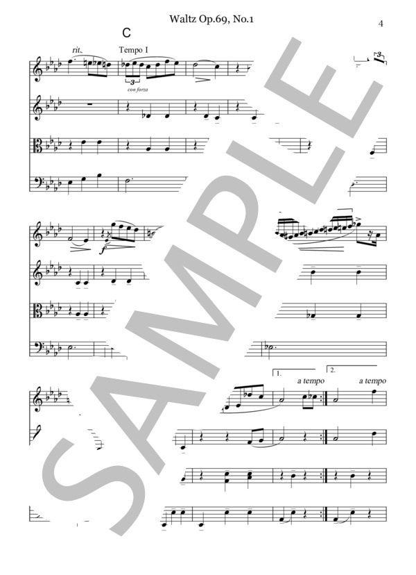 Waltz Op.69, No.1 for String Quartet (フレデリック・ショパン) / 弦楽四重奏 中級 - サンプル譜面 4/5