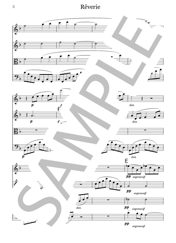 Rêverie for String Quartet Claude  Debussy (クロード・アシル・ドビュッシー) / 弦楽四重奏 初〜中級 - サンプル譜面 3/5
