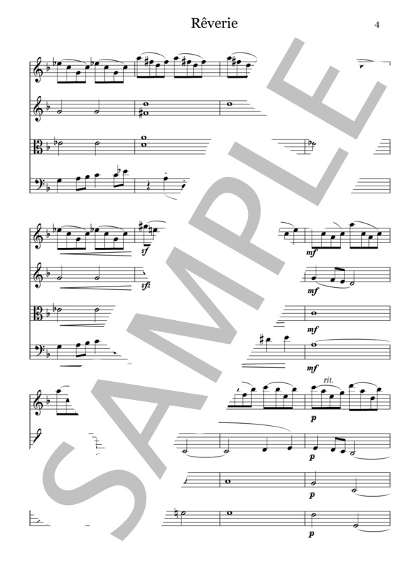 Rêverie for String Quartet Claude  Debussy (クロード・アシル・ドビュッシー) / 弦楽四重奏 初〜中級 - サンプル譜面 4/5