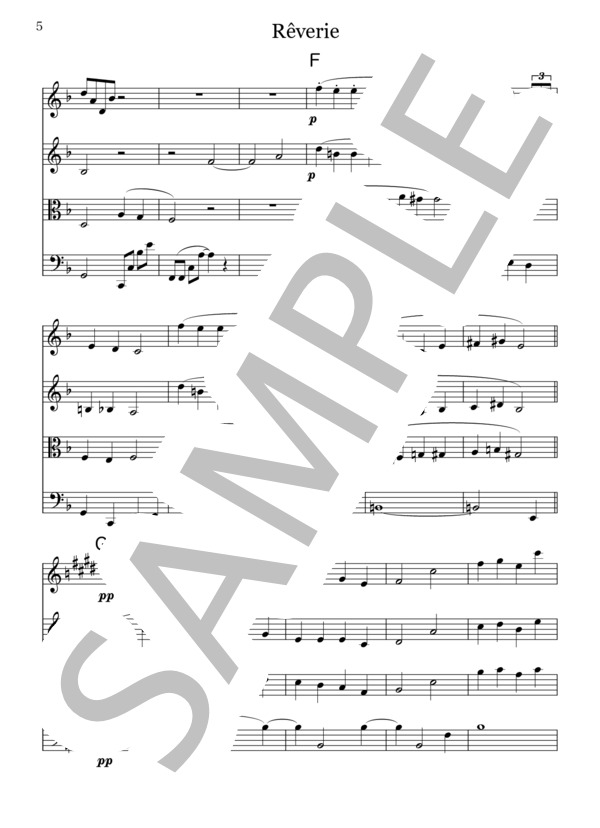 Rêverie for String Quartet Claude  Debussy (クロード・アシル・ドビュッシー) / 弦楽四重奏 初〜中級 - サンプル譜面 5/5