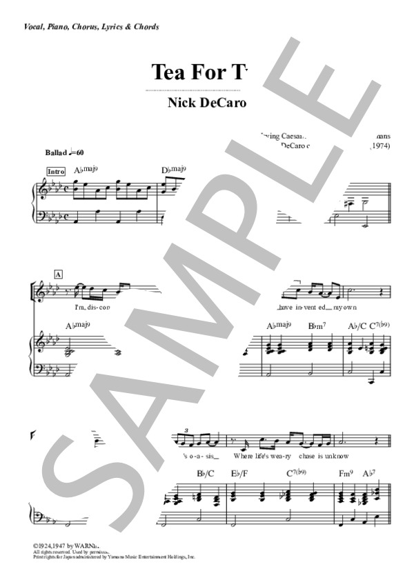 Tea For Two - Nick DeCaro(ボーカル、コーラス＆ピアノ伴奏譜） / ピアノ弾き語り 初〜中級 - サンプル譜面 1/4