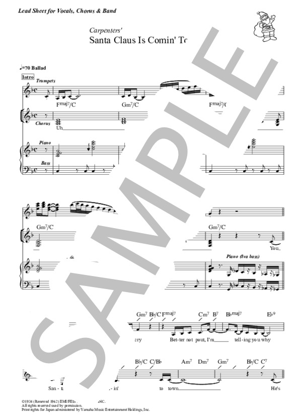 Santa Claus Is Comin' To Town (Ballad) - Carpenters(ボーカル・メロディー譜 / コーラス / サックス・ソロ完全コピー譜） (カーペンターズ) / 初〜中級 - サンプル譜面 1/5