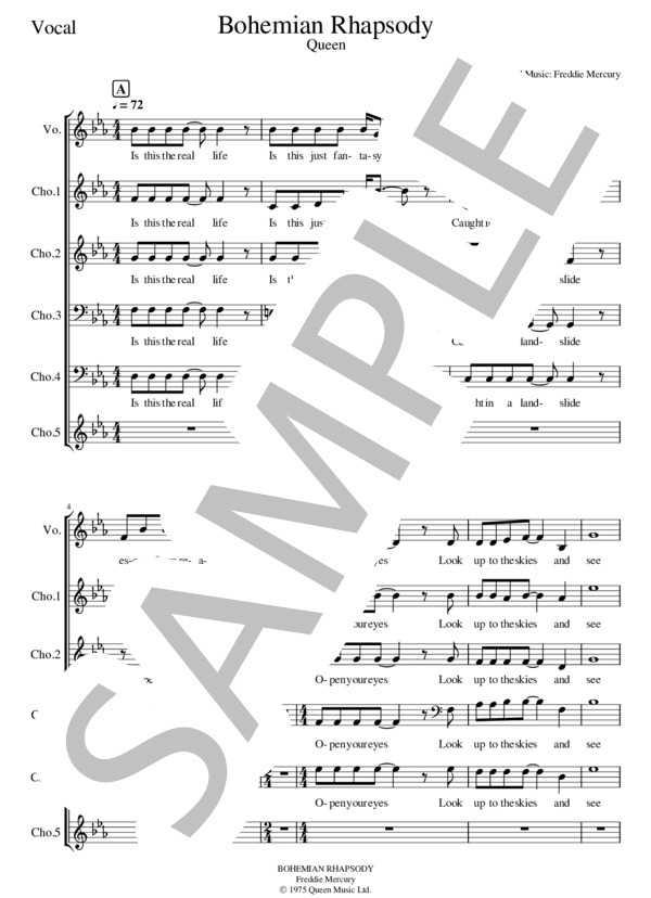 BOHEMIAN RHAPSODY - QUEEN【ボーカル＆コーラス】 (Queen) / メロディ 初級 - サンプル譜面 1/5