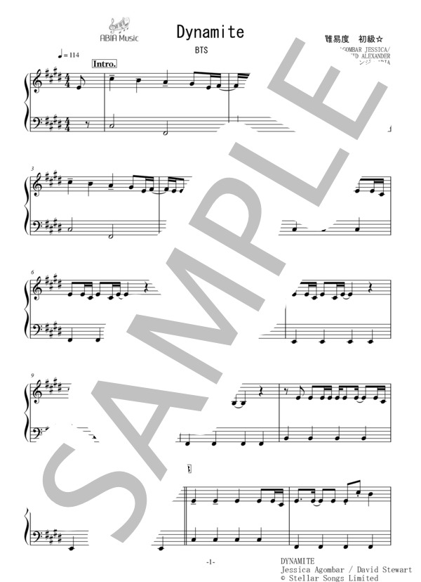 Dynamite(BTS) / ピアノソロ初級☆ (ジェシカ・アゴンバー) / 初級 - サンプル譜面 1/2