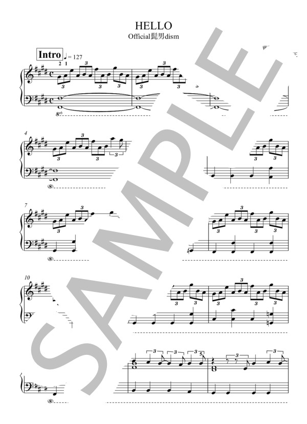 HELLO 1コーラスver. ピアノ（初級） (Official髭男dism) / ピアノソロ 初〜中級 - サンプル譜面 1/4
