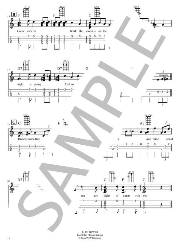 【解説あり・難易度4 / 10】Blue Hawai'i (Elvis Presley) / ウクレレソロ 初〜中級 - サンプル譜面 2/2
