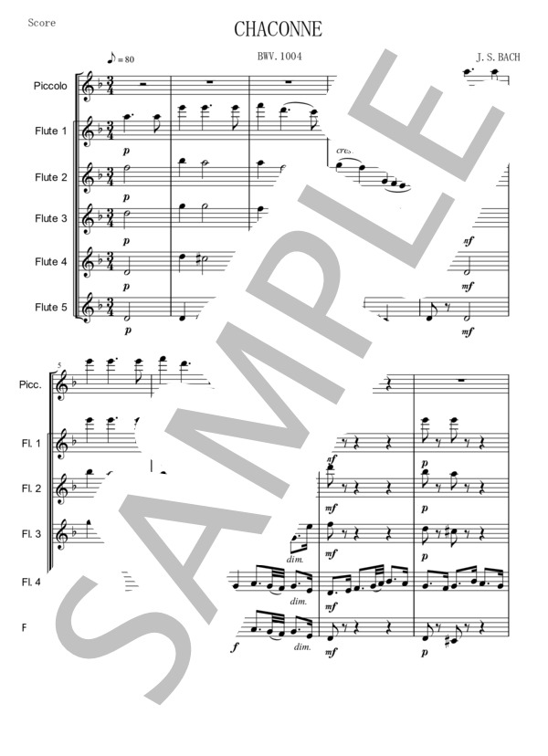 Chaconne Picc+Fl5 (ヨハン・セバスチャン・バッハ) / フルート 中〜上級 - サンプル譜面 1/5