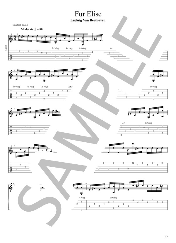 【ギター・タブ譜】エリーゼのために（ベートーヴェン） (ルートヴィヒ・ヴァン・ベートーヴェン) / ギターソロ 中級 - サンプル譜面 1/5