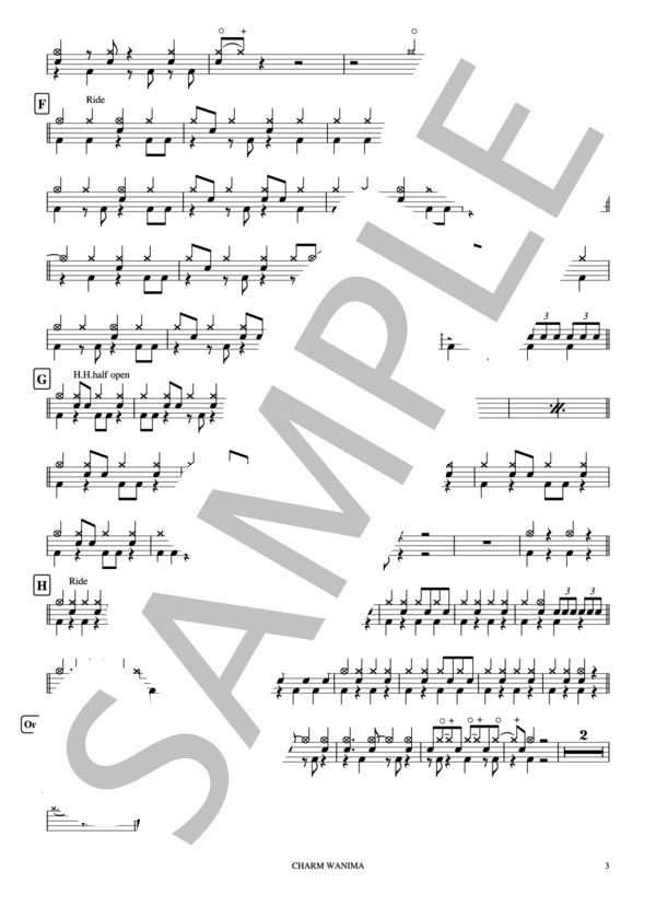 『CHARM』WANIMA ドラム譜 3ページ / 中〜上級 - サンプル譜面 3/3