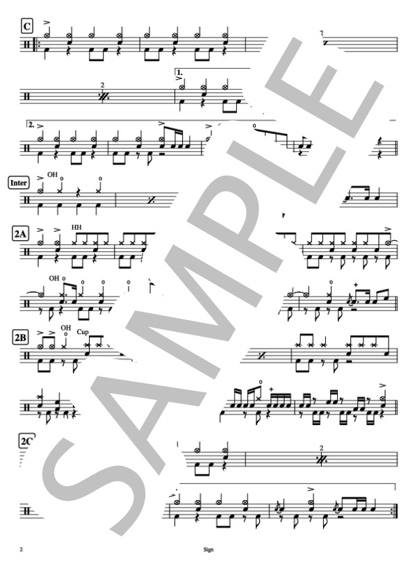 Sign (アニメ『NARUTO -ナルト- 疾風伝』OPテーマ） (FLOW) / ドラム 中〜上級 - サンプル譜面 2/4