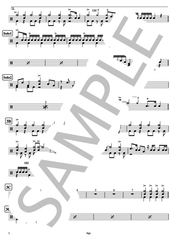 Sign (アニメ『NARUTO -ナルト- 疾風伝』OPテーマ） (FLOW) / ドラム 中〜上級 - サンプル譜面 3/4