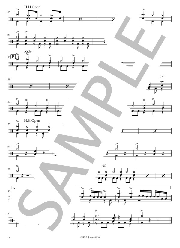 【ドラムふめんSHOP】青と夏 (Mrs. GREEN APPLE) / 中級 - サンプル譜面 4/4