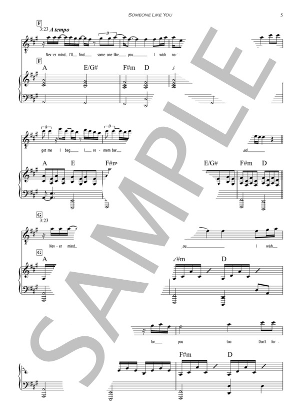 Someone Like You - Adele (ヴォーカル・メロディー＆ピアノ伴奏譜、歌詞カード付き） / ピアノ弾き語り 初〜中級 - サンプル譜面 5/5