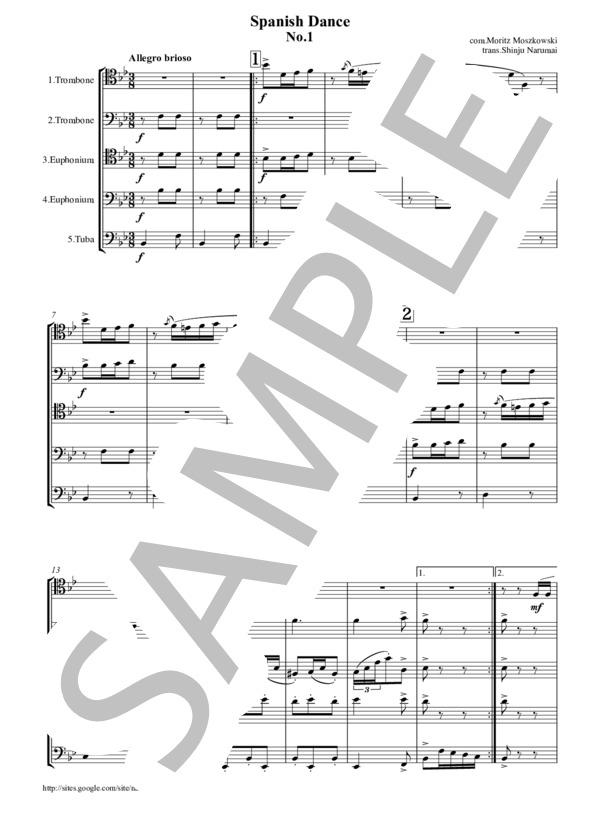 スペイン舞曲 トロンボーン・ユーフォニアム・テューバ5重奏 (モーリッツ・モシュコフスキ) / アンサンブル金管 中〜上級 - サンプル譜面 1/5