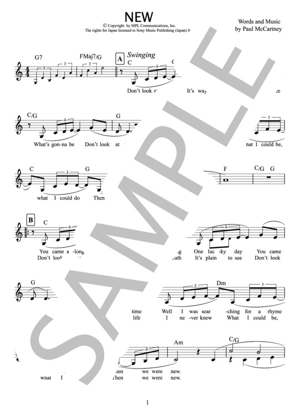 NEW  /  Paul McCartney (メロディー譜） (ポール・マッカートニー) / 初級 - サンプル譜面 1/2