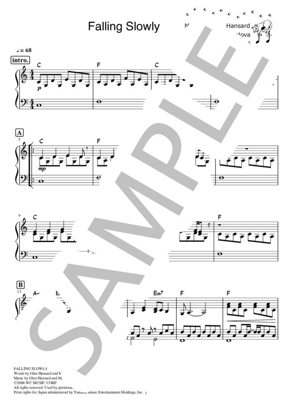Falling Slowly / 『Once ダブリンの街角で』より (ピアノ楽譜） (グレン・ハンサード) / ピアノソロ 初〜中級 - サンプル譜面 1/3