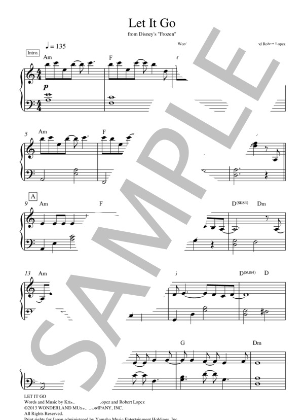 Let It Go ～ありのままで～（ハ長調）ピアノ楽譜 中級 (松 たか子) / ピアノソロ 中級 - サンプル譜面 1/5