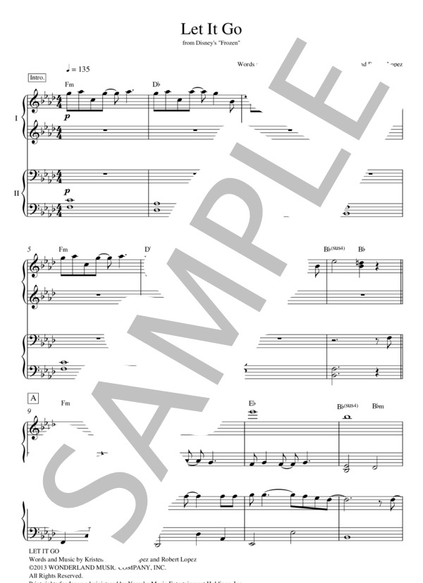Let It Go ～ありのままで～ ピアノ連弾楽譜 (松 たか子) / 中〜上級 - サンプル譜面 1/5