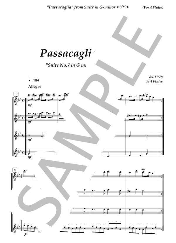 パッサカリア 「組曲7番」より (G.F.ヘンデル）フルート4重奏 (ゲオルグ・フリードリヒ・ヘンデル) / アンサンブル木管 その他 - サンプル譜面 1/5