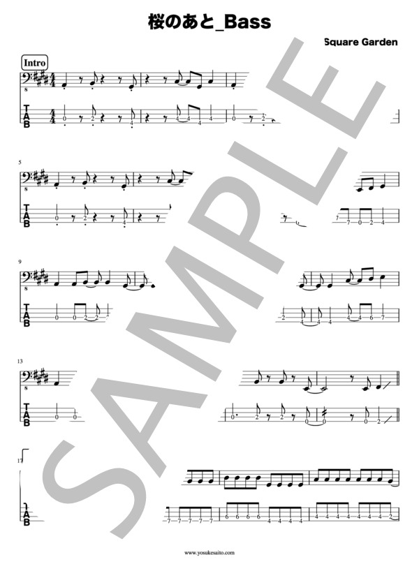 【Bass & TAB譜】桜のあと  /  UNISON SQUARE GARDEN / エレキベース 初〜中級 - サンプル譜面 1/5