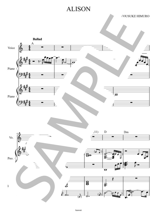 氷室京介 「ALISON」 ピアノデュオ伴奏 (氷室 京介) / ピアノ2台4手 中級 - サンプル譜面 1/5