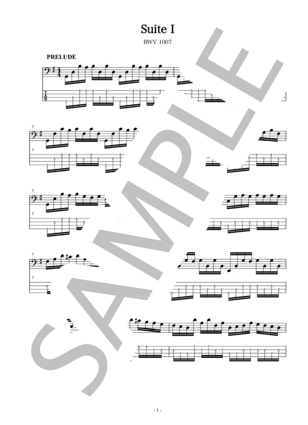バッハ 無伴奏チェロ組曲 第1番 プレリュード エレクトリックベース版 / エレキベース 中〜上級 - サンプル譜面 1/4