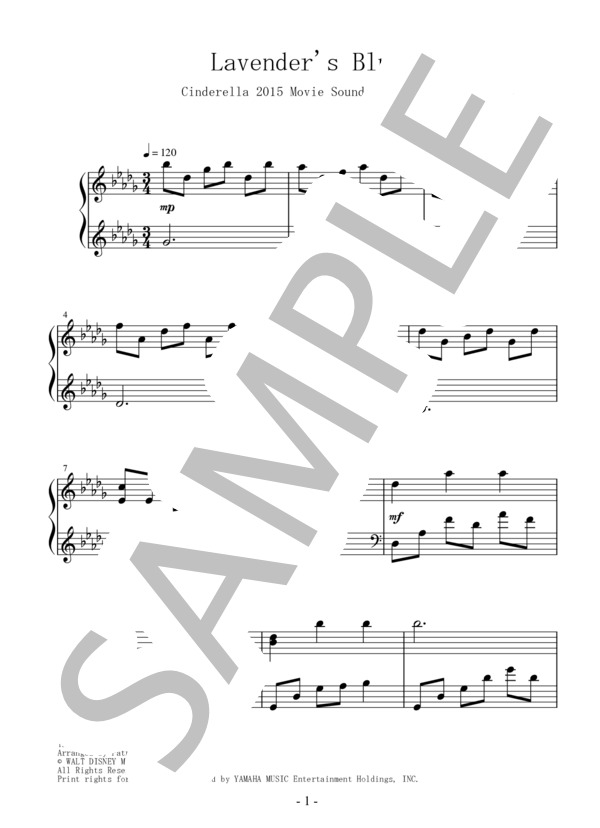 Lavender's Blue(映画「シンデレラ」より) ピアノ（ソロ）用 オリジナルキー 中～上級 (東京佼成ウインド・オーケストラ) / ピアノソロ その他 - サンプル譜面 1/2