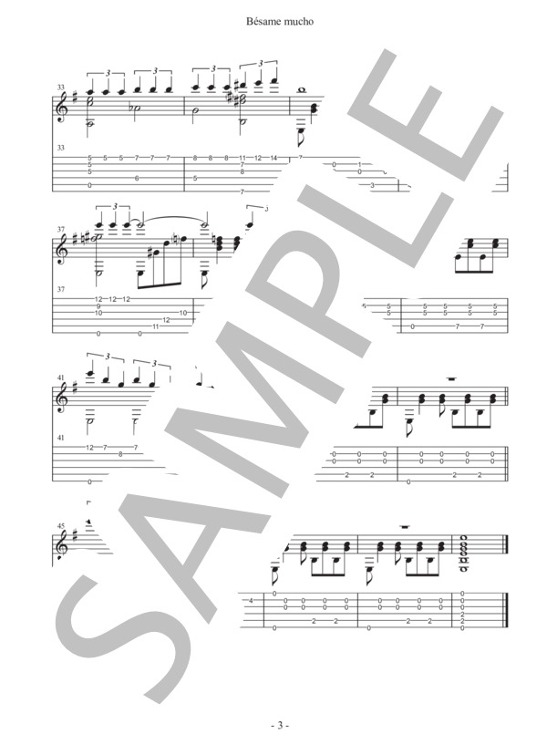「ベサメムーチョ BESAME MUCHO」（ボレロ）ソロギター譜（タブ譜付き） (VELAZQUEZ CONSUELO TORRES ORTIZ) / ギターソロ 初〜中級 - サンプル譜面 3/3