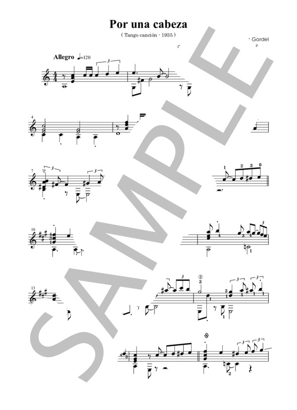 「首の差で POR UNA CABEZA」（タンゴ）ソロギター譜（運指付き TABなし） (カルロス・ガルデル) / ギターソロ 中〜上級 - サンプル譜面 1/4