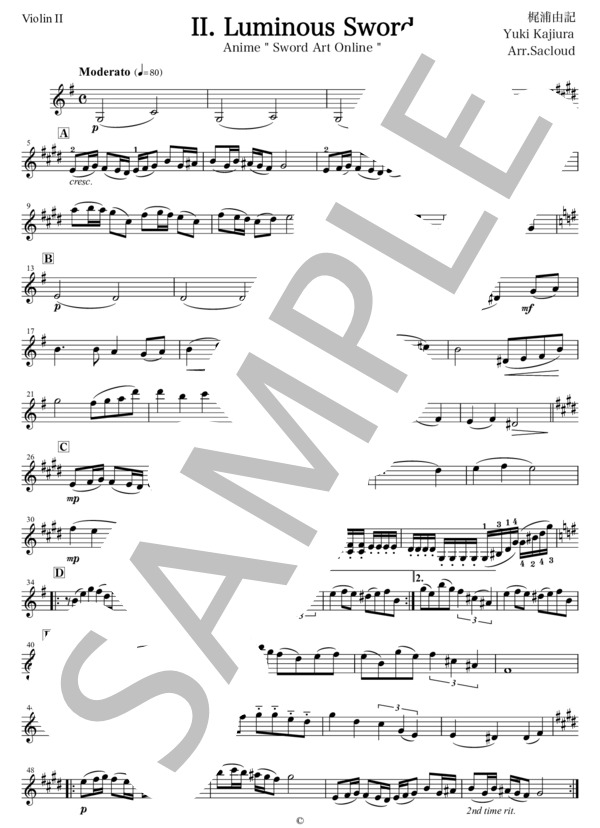 【SAO】『 Luminous Sword 』"ソードアートオンライン"より 弦楽四重奏  [2vn / va / vc]  カルテット パート譜面付き (梶浦 由記) / アンサンブル弦楽 その他 - サンプル譜面 5/5