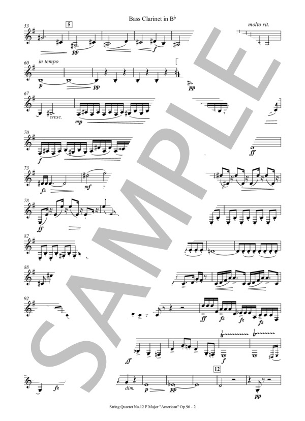 弦楽四重奏曲第12番『アメリカ』[クラリネット4重奏](Bass Clarinet) (アントニン・ドヴォルザーク) / アンサンブル木管 中〜上級 - サンプル譜面 4/5