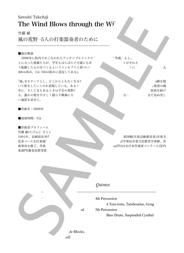 風の荒野 -5人の打楽器奏者のために[打楽器5重奏](Percussion 1) (竹藤 敏) / アンサンブル打楽器 中〜上級 - サンプル譜面 2/5