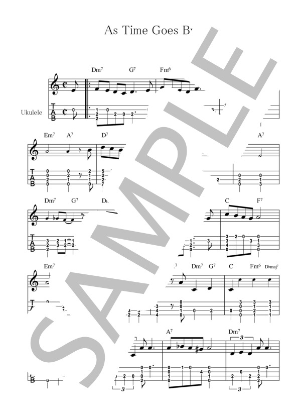 As Time Goes By【ウクレレ TAB譜】大橋英比個 (ハーマン・フップフェルド) / ウクレレソロ 初〜中級 - サンプル譜面 1/2