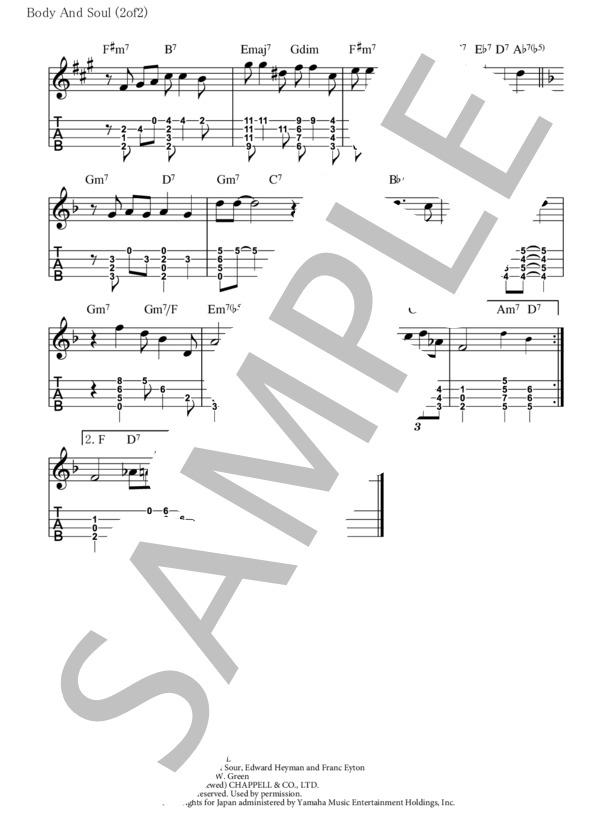 Body And Soul【ウクレレ TAB譜 】大橋英比個 (ERNIE WATTS QUARTET) / ウクレレソロ 初〜中級 - サンプル譜面 2/2