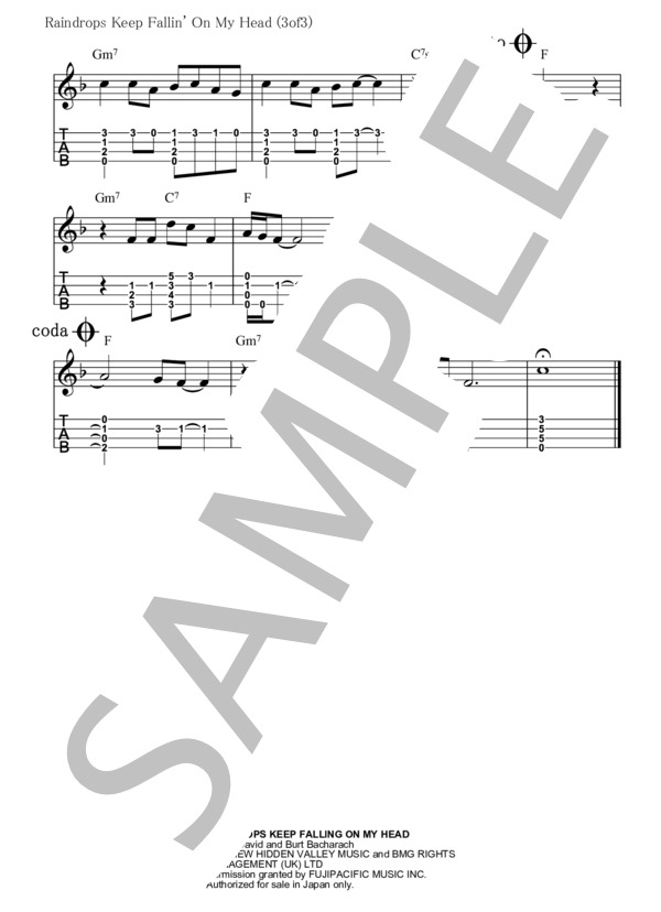 Raindrops Keep Fallin' On My Head 雨にぬれても【ウクレレ TAB譜】大橋英比個 (B・J・トーマス) / ウクレレソロ 初〜中級 - サンプル譜面 3/3