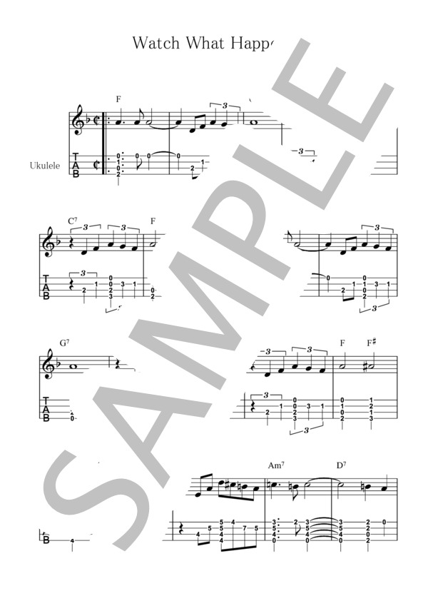 Watch What Happens カサールの結婚（瞳をみつめて）【ウクレレ TAB譜】大橋英比個 (ミシェル・ジャン・ルグラン) / ウクレレソロ 初〜中級 - サンプル譜面 1/2