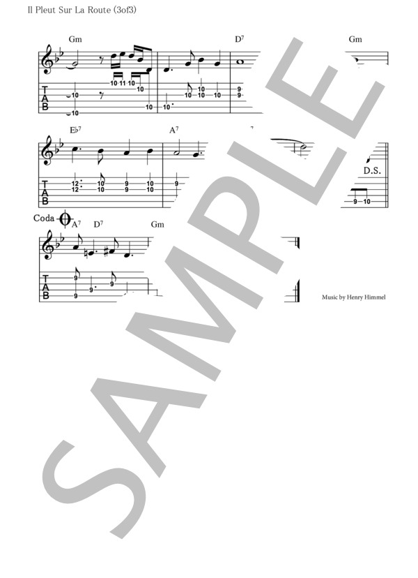 小雨降る径  /  Il Pleut Sur La Route  /  Waiting In The Rain【スチールギター TAB譜】大橋英比個 (仲代 圭吾) / ウクレレソロ 初〜中級 - サンプル譜面 3/3