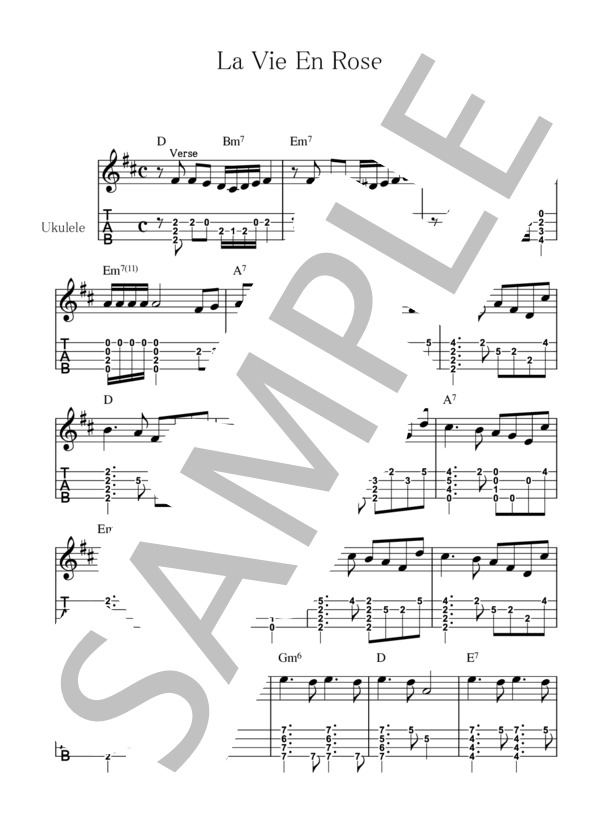 La Vie En Rose ラ・ヴィ・アン・ローズ【ウクレレ TAB譜】大橋英比個 (MANUEL & THE MUSIC OF THE MOUN) / ウクレレソロ 初〜中級 - サンプル譜面 1/2