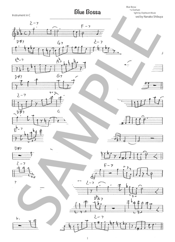 Blue Bossa ジャズ アドリブソロ コピー譜 in C 楽器用 (ケニー・ドーハム) / 全て 初〜中級 - サンプル譜面 1/2