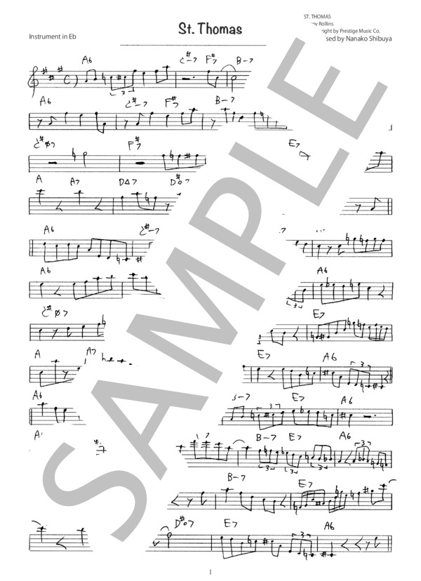楽譜】St. Thomas ジャズ アドリブソロ コピー譜 in E♭ 楽器用