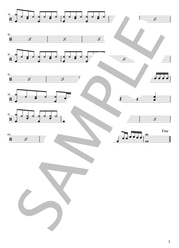 μ's- START DASH!(ドラムパートのみ：難易度BBBの初心者用）【楽譜・スコア】 (佐々木 裕) / 初級 - サンプル譜面 3/4