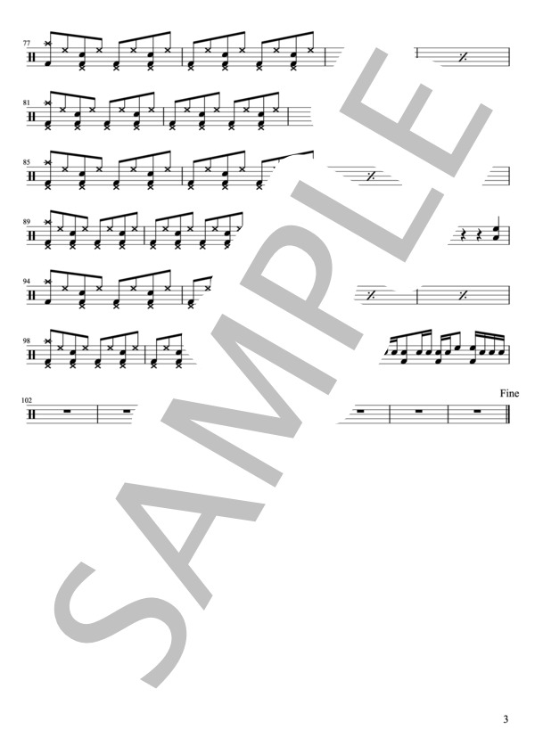 back number - 青い春（ドラムパートのみ：難易度CCCの初心者用)【楽譜・スコア】 (清水 依与吏) / その他 - サンプル譜面 3/4