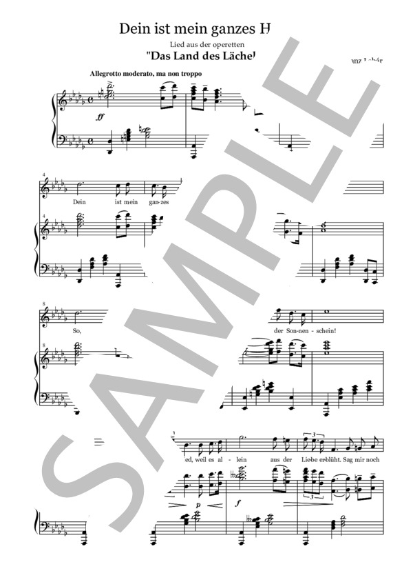 レハール作曲 微笑みの国から Dein ist mein ganzes Herz (君はわが心のすべて) Franz Lehár 変ニ長調（原調） (フランツ・レハール) / アンサンブルピアノ＋歌 その他 - サンプル譜面 1/5