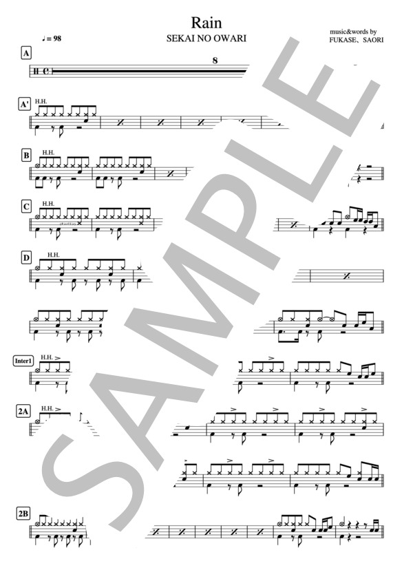Rain SEKAI NO OWARI  2ページ ドラム譜 / その他 - サンプル譜面 1/2