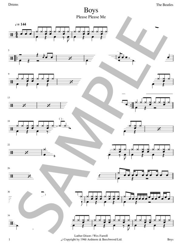 楽譜】Boys / The Beatles ドラム譜 / THE BEATLES (ドラム / その他